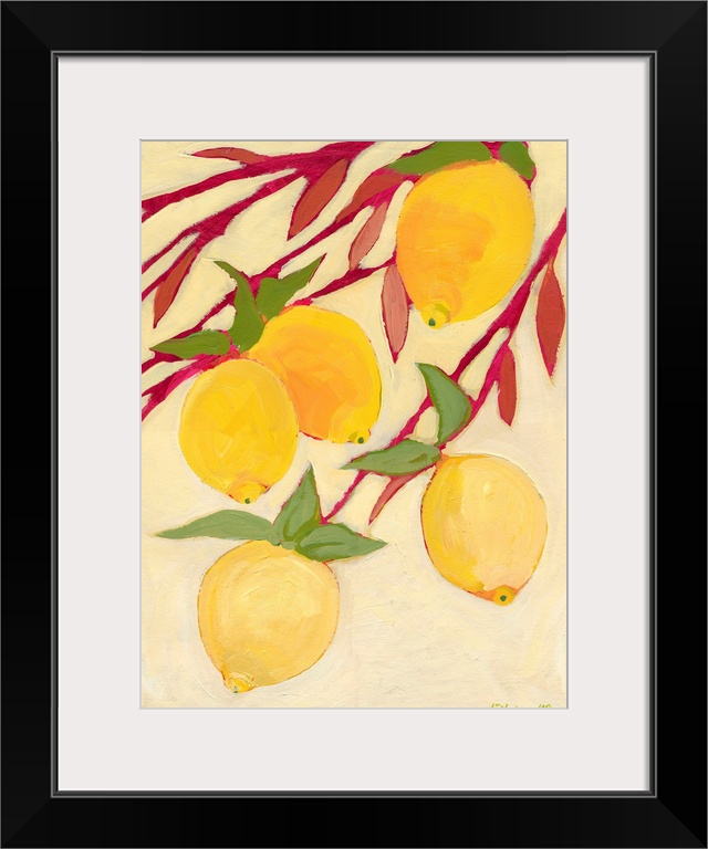 Fine art painting of five brightly colored lemons hanging off a tree branch. Vibrant colors dominate.