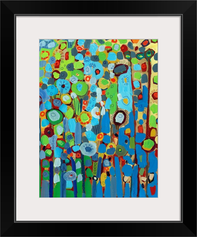 Large portrait abstract painting of a variety of circular flowers growing vertically in mainly cool tones.