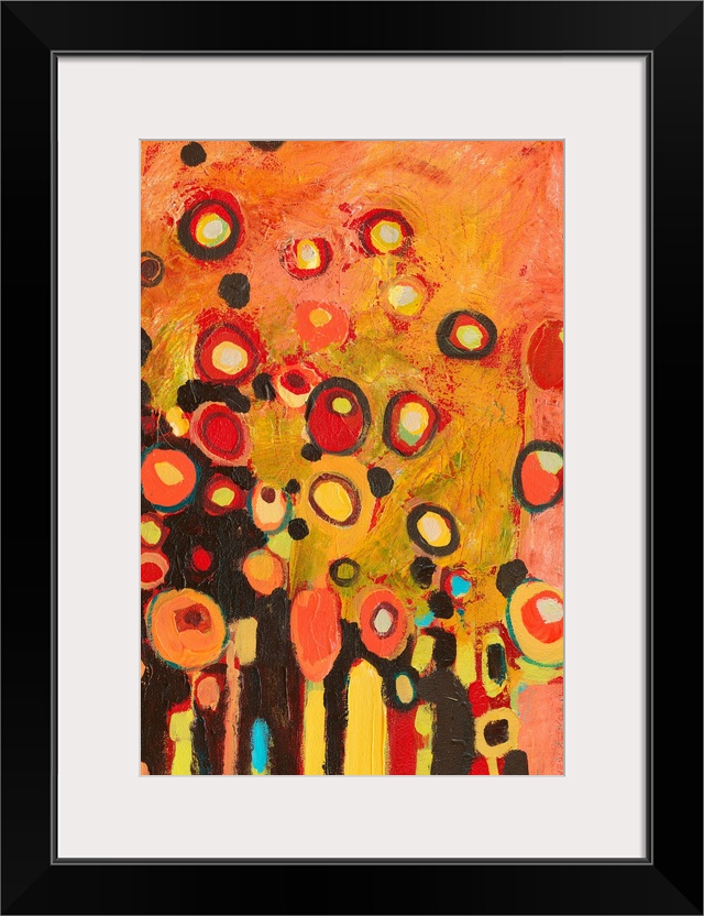 A colorful contemporary piece with mostly warmer tones and circles with several colors throughout the painting.