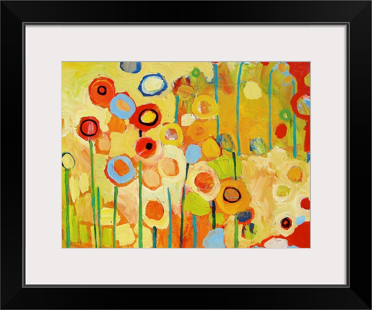 An abstract still life of colorful circles and lines representing flowers and stems.