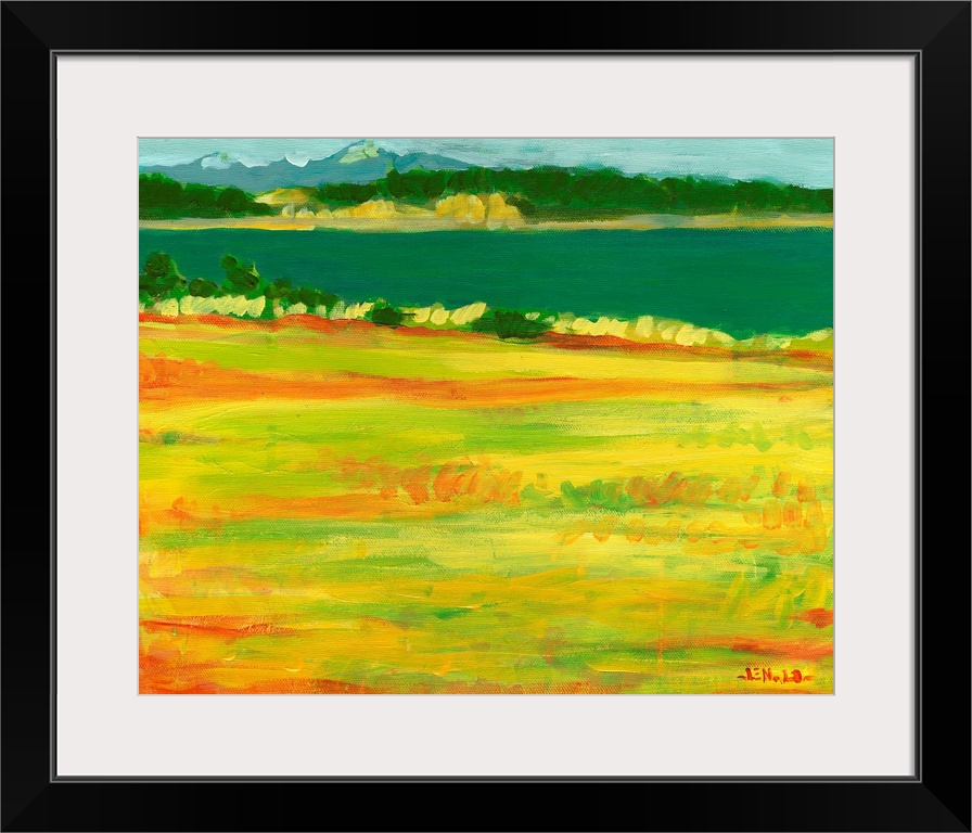 A contemporary painting with a view to the mountains across a grassy field and body of water.