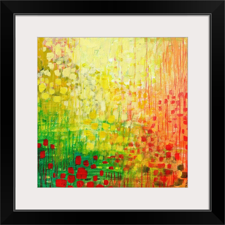 Giant contemporary art includes a vibrantly colored background filled with small square and rectangular sized brush stroke...