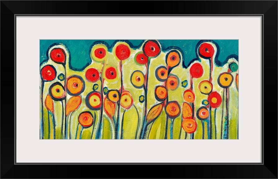 Abstract painting of circular flowers growing out of the ground.