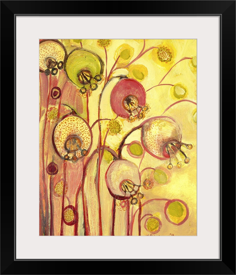 Contemporary, abstract, and whimsical painting of flowers and buds.