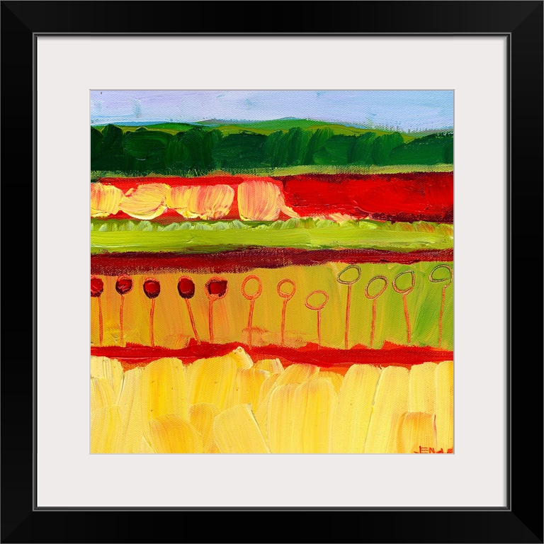 Abstract painting of colorful fields with vegetation created with broad textured brush strokes.