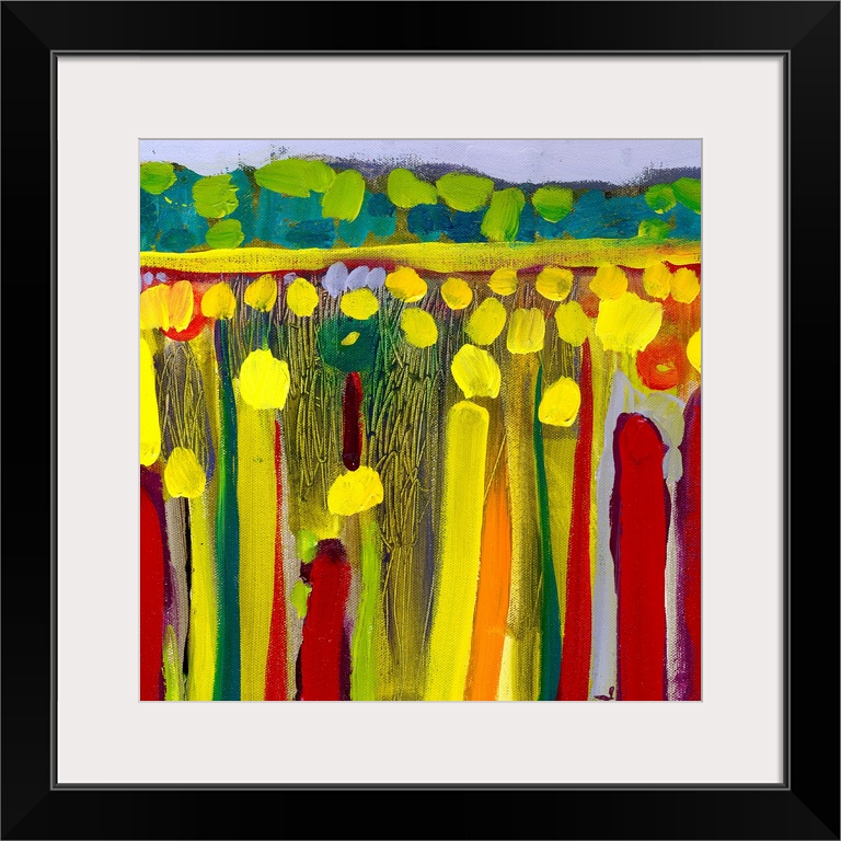 Large contemporary art depicts an open field of flowers in the foreground contrasted by rolling hills bordered by a tree l...