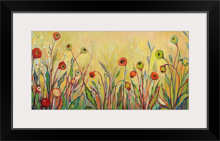 Big contemporary art showcases a garden of flowers as they sit and enjoy the sunlight.  Artist uses a great deal of vertic...