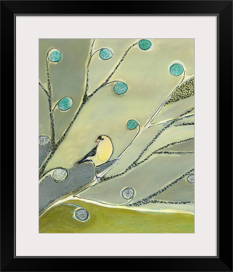 Vertical painting of a lone realistically drawn bird sitting on abstract stylized branches and floral shapes.