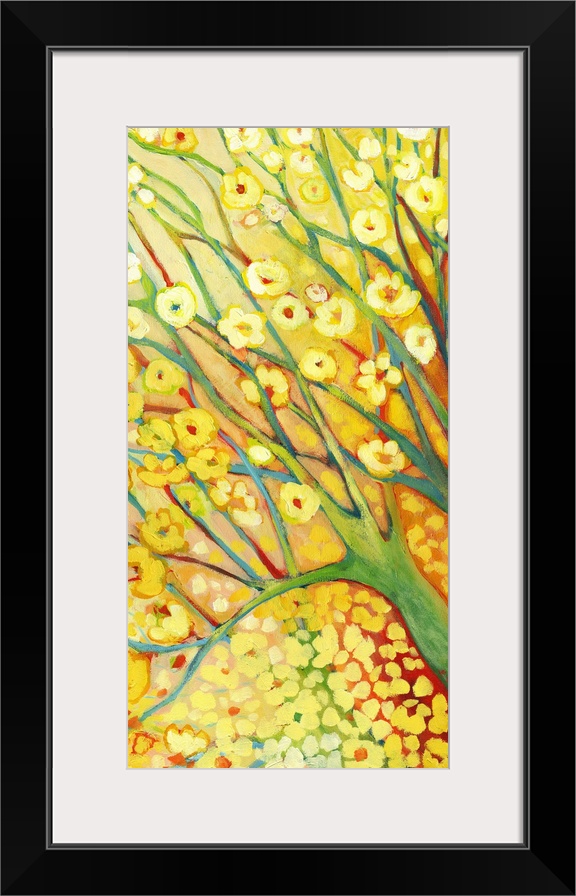 Budding yellow flowers sprout from tree branches and fall below on this vertical print.