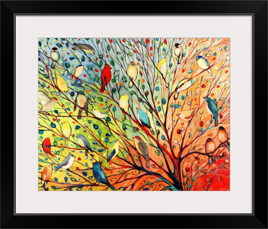 Landscape, oversized contemporary painting of a variety of birds in a tree with flowing branches and small leaves, on a ba...