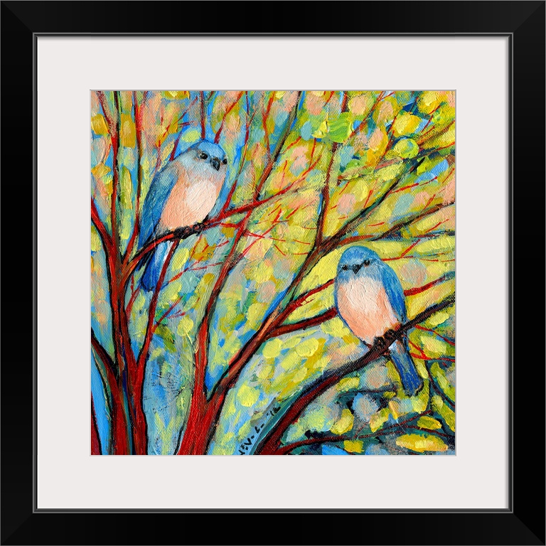A contemporary, square painting with dry brush stroke textures of birds sitting in a stylized tree with large dabs of pain...