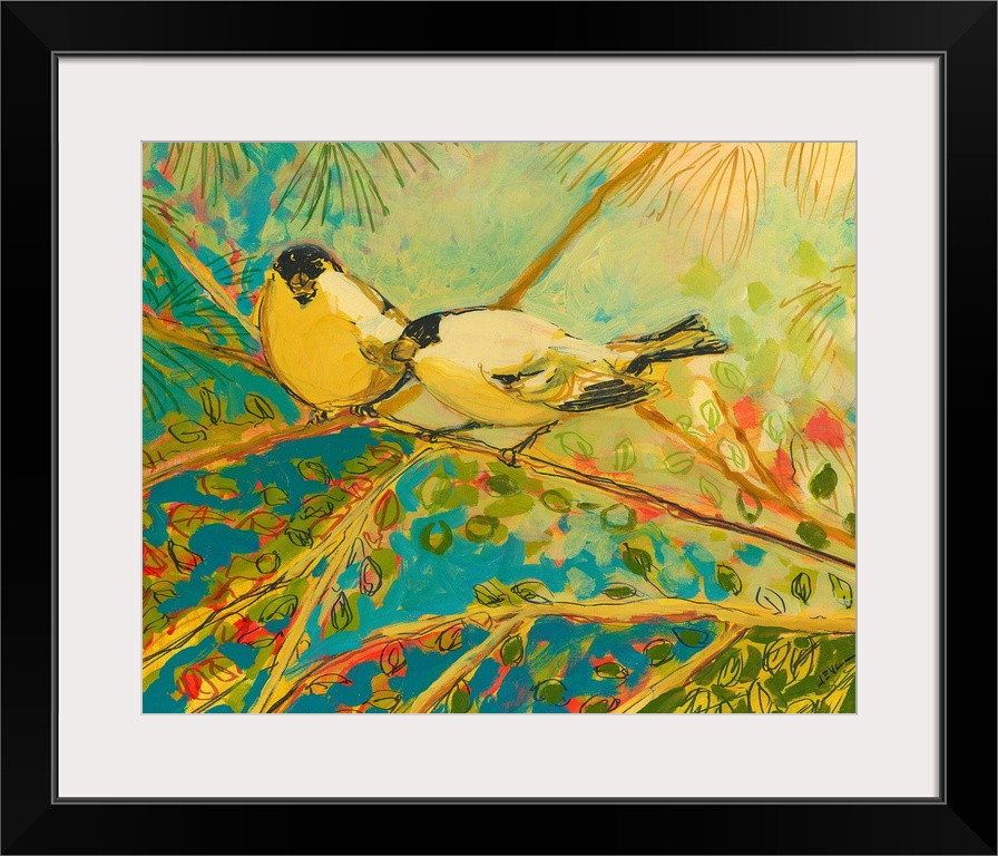 Large contemporary art displays two Goldfinches sitting on a tree branch during a sunny day.  Artist heavily uses lines to...