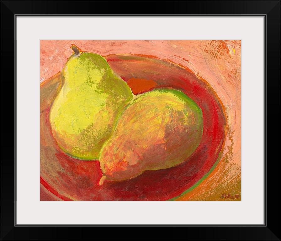 Contemporary painting of two pieces of fruit in a bowl.
