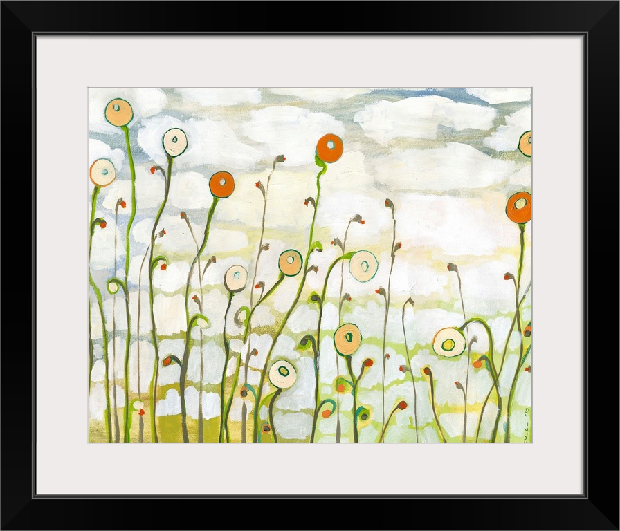 A contemporary abstract landscape painting of poppy flowers and a cloudy sky in the background.