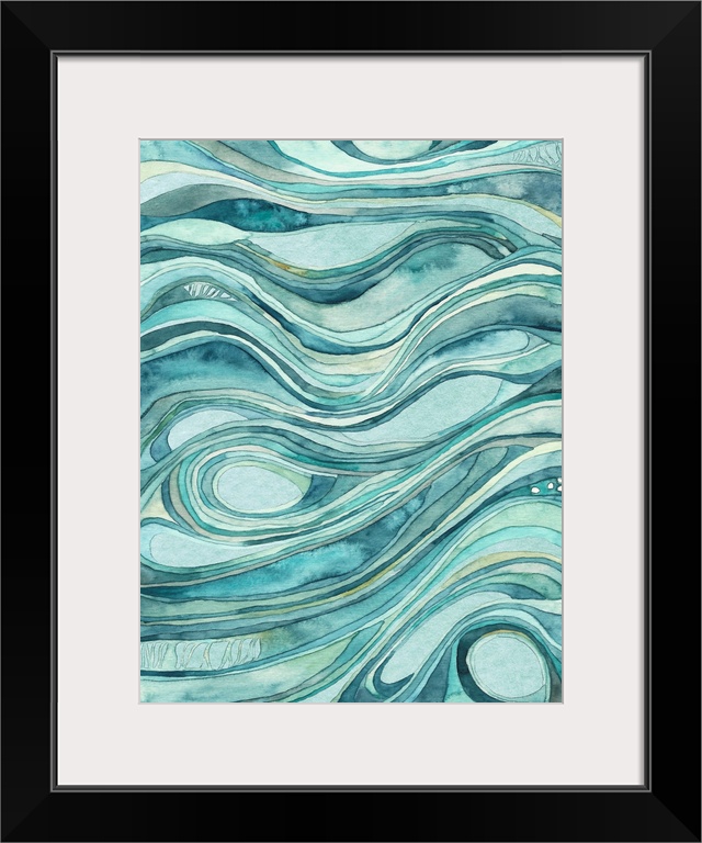 Contemporary abstract watercolor artwork in blue shades, resembling waves of flowing water.