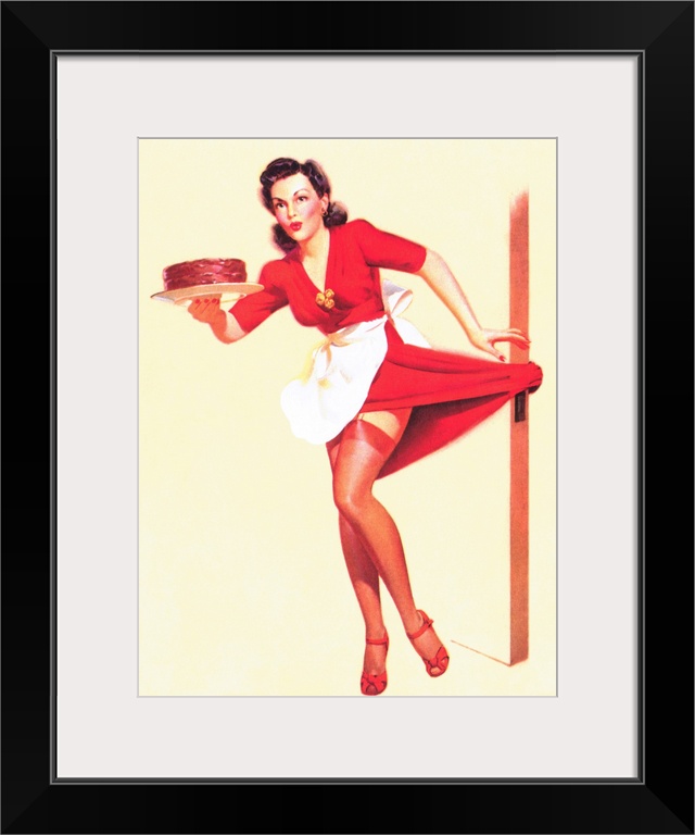 Vintage 50's pin-up girl holding a cake with her dress caught on the door knob.