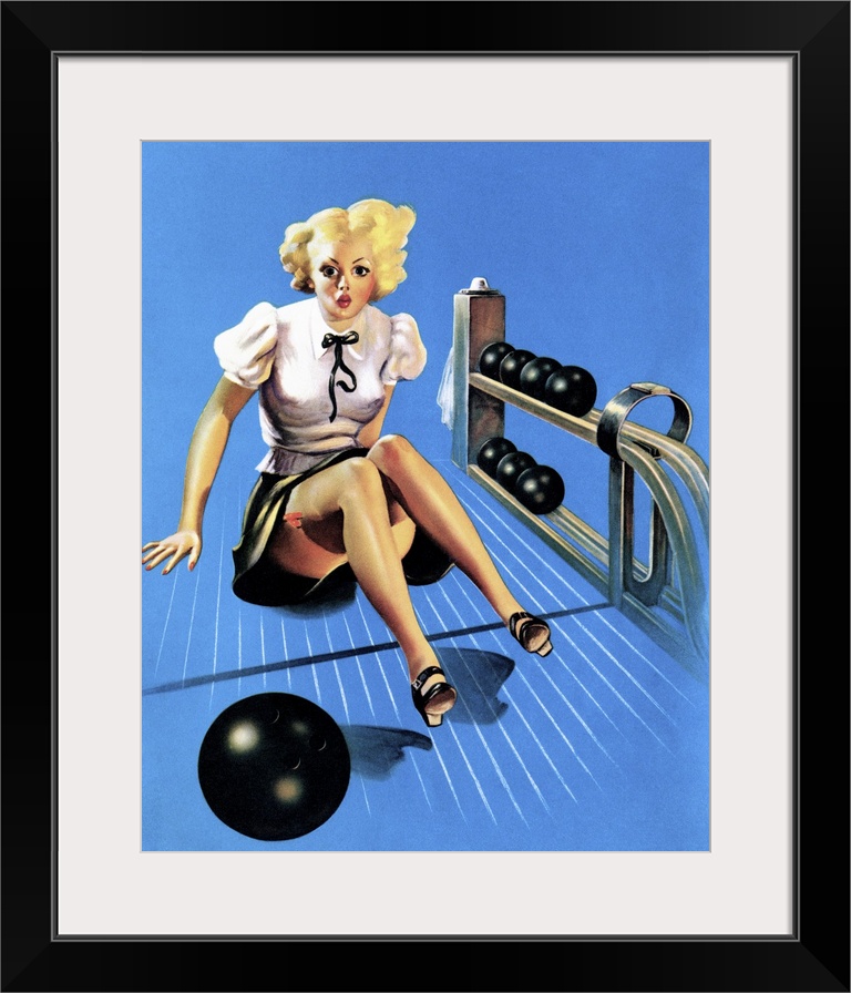 Vintage 50's illustration of a young woman with a bowling ball, sitting in the lane.