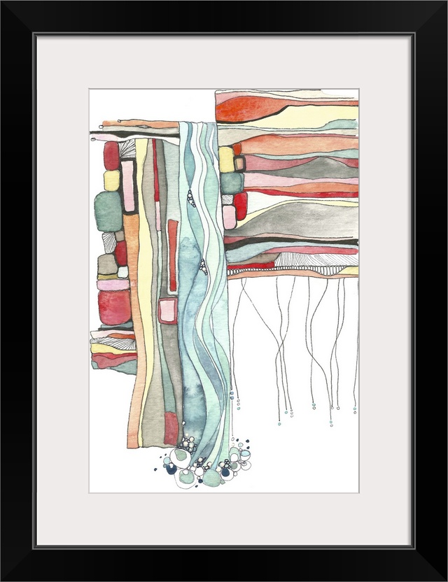 Contemporary abstract watercolor painting in layers of bright colors.
