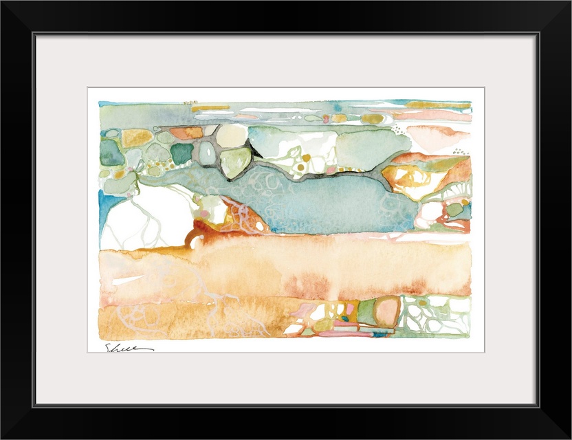 Watercolor seascape painting of the ocean shore line with rocks and shells