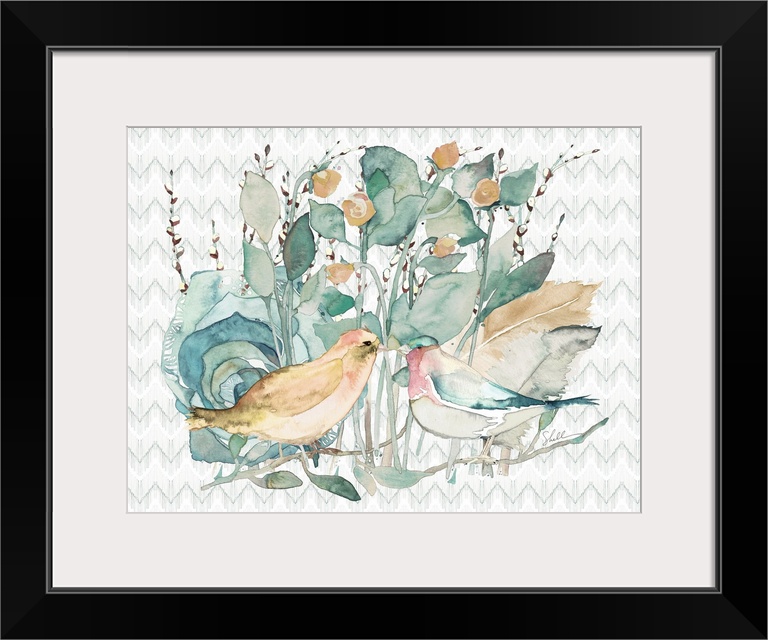 Hand painted watercolor of two birds with roses and blossoms