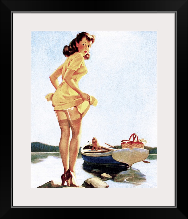 Vintage 50's pin-up girl holding up her skirt as she makes her way to her boat.