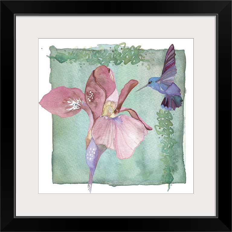Contemporary watercolor painting of a hummingbird feeding at a flower, in vibrant colors.
