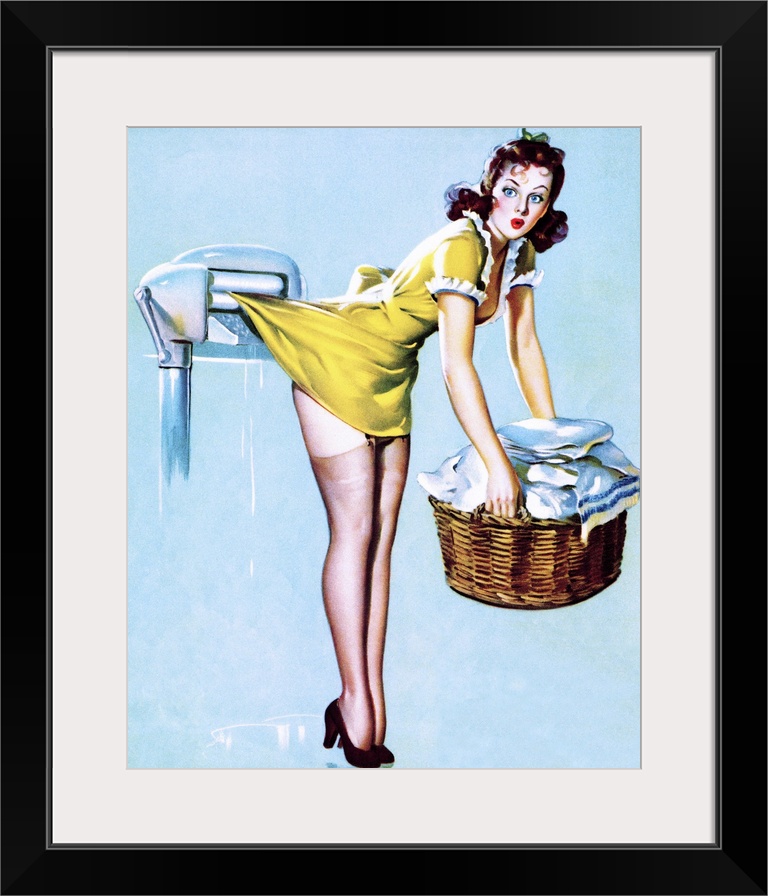 Vintage 50's illustration of a young woman doing laundry with her skirt caught in rollers.