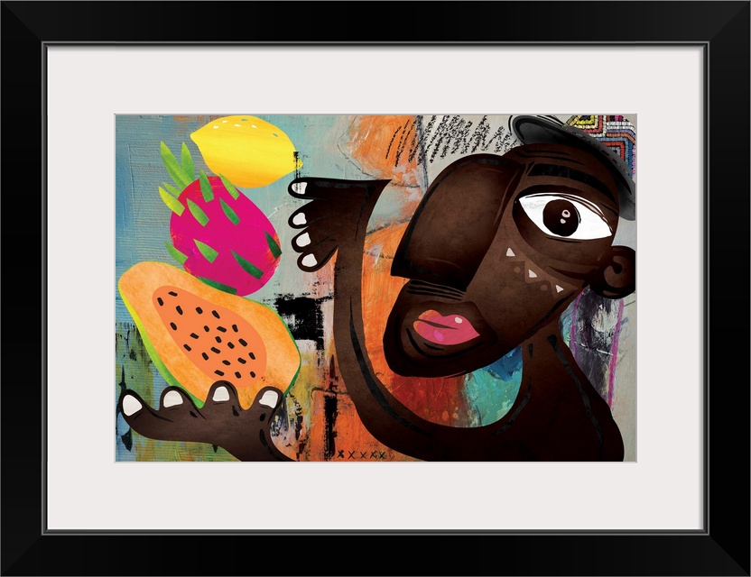 Modern and funky image featuring a dark-skinned man juggling various tropical fruits. Colorful, fun and fresh, this would ...