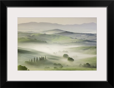 Agricultural Landscape In Fog, Italy, Tuscany, Siena, Val d'Orcia, San Quirico d'Orcia