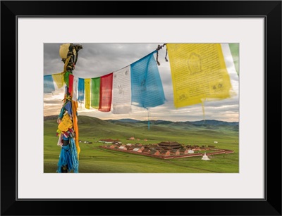 Amarbayasgalant Monastery From Above Framed By Prayer Flags, Mount Buren-Khaan, Mongolia