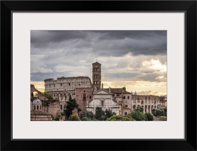 Basilica Of Santa Francesca Romana And Coliseum At Sunrise, Rome, Lazio, Italy,