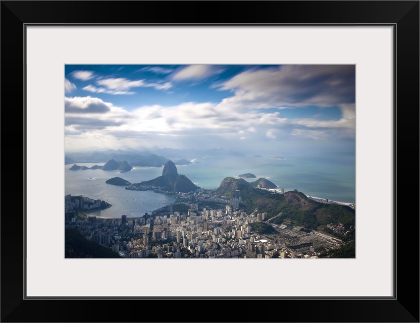 Brazil, Rio De Janeiro, Cosme Velho, View of Sugar Loaf mountain, Botafogo Bay and Copacabana  from Cocovado