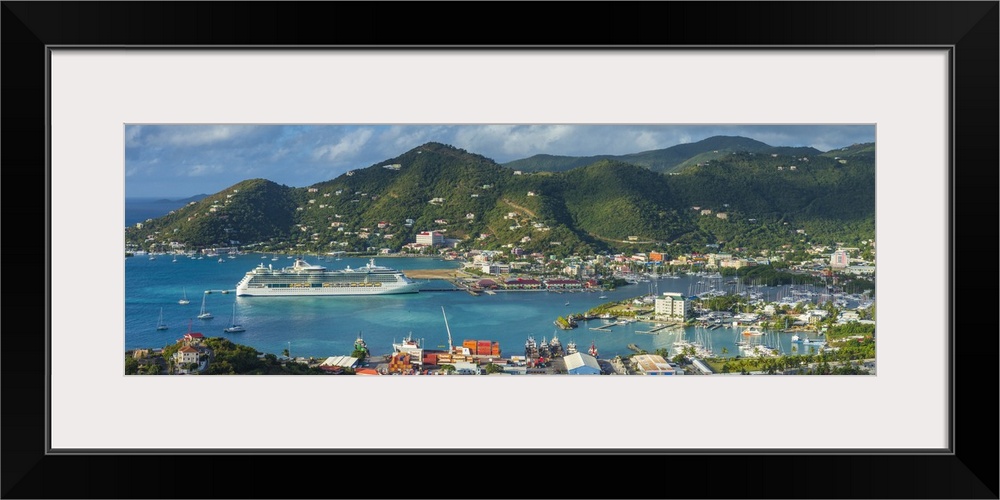 British Virgin Islands, Tortola, Road Town, elevated town view with cruiseship from Free Bottom