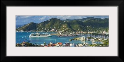 British Virgin Islands, Road Town, elevated town view with cruise ship from Free Bottom