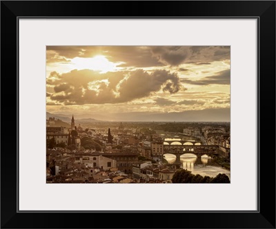 Cityscape With Ponte Vecchio And Arno River At Sunset, Florence, Tuscany, Italy