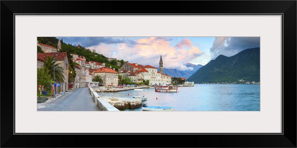 The picturesque coastal village of Perast illuminated at sunset, Perast, Bay of Kotorska, Montenegro