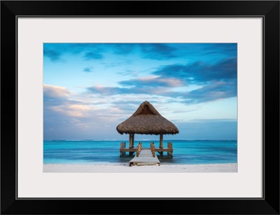 Dominican Republic, Punta Cana, Playa Blanca, Wooden pier with thatched hut