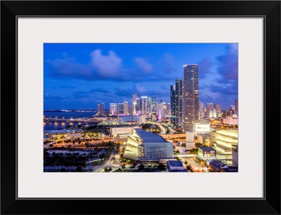 Elevated view over Biscayne Boulevard and the skyline of Miami, Florida