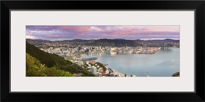 Elevated view over central Wellington illuminated at sunrise, Wellington, New Zealand
