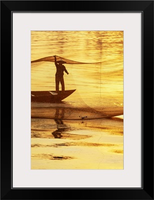 Fisherman Working On The Nets At Sunrise, Thu Bon River, Quang Nam Province, Vietnam