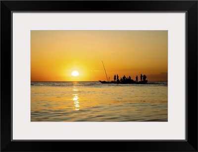 Fishermen Returning Home On Dhow At Sunset,, Indian Ocean, Zanzibar, Tanzania