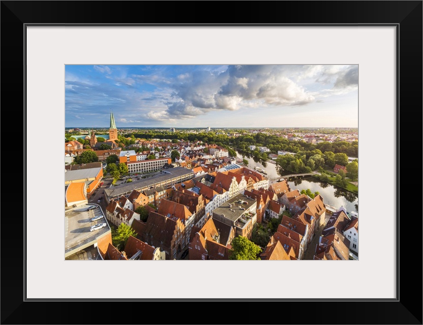 Lubeck, Baltic coast, Schleswig-Holstein, Germany. High angle view over the old town and Trave river.