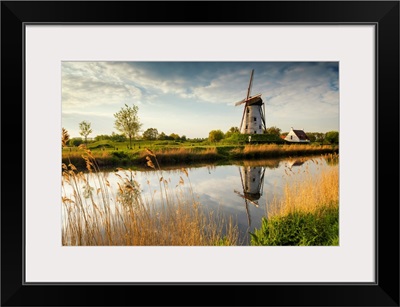 Hoeke Windmill Reflecting In Canal, Damme, Belgium