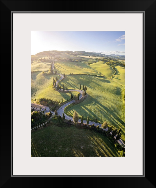 iconic cypresses road of Monticchiello at sunrise. Pienza, Orcia Valley, Siena district, Tuscany, Italy.