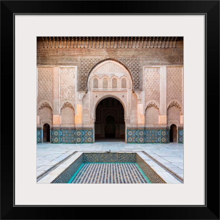 Morocco, Marrakech-Safi (Marrakesh-Tensift-El Haouz) region, Marrakesh. Interior courtyard of Ben Youssef Madrasa, 16th ce...