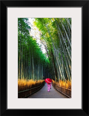 Kyoto, Japan, Woman In Traditional Kimono Walking In The Bamboo Grove At Sunrise