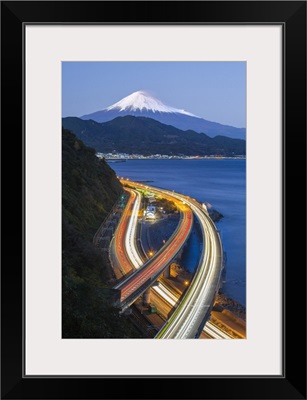 Mt. Fuji and traffic driving on the Tomei Expressway, Shizuoka, Honshu, Japan