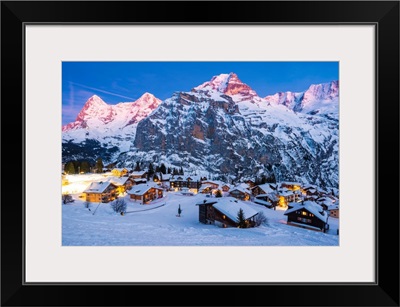 Murren, Switzerland, The Village With Eiger, Monch And Jungfrau In The Backdrop At Dusk