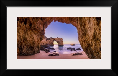 Natural Sea Arch Framed By Cave, Praia Da Albandeira, Algarve, Portugal