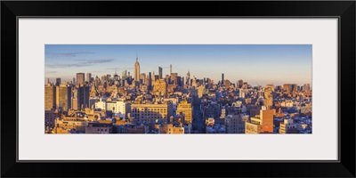 New York City, Lower Manhattan, Mid-town Manhattan skyline, elevated view, sunset